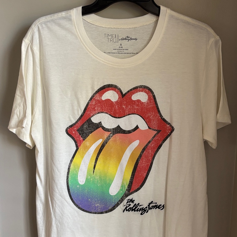 Time and Tru White Tee with Rainbow Tongue Graphic Rolling Stones